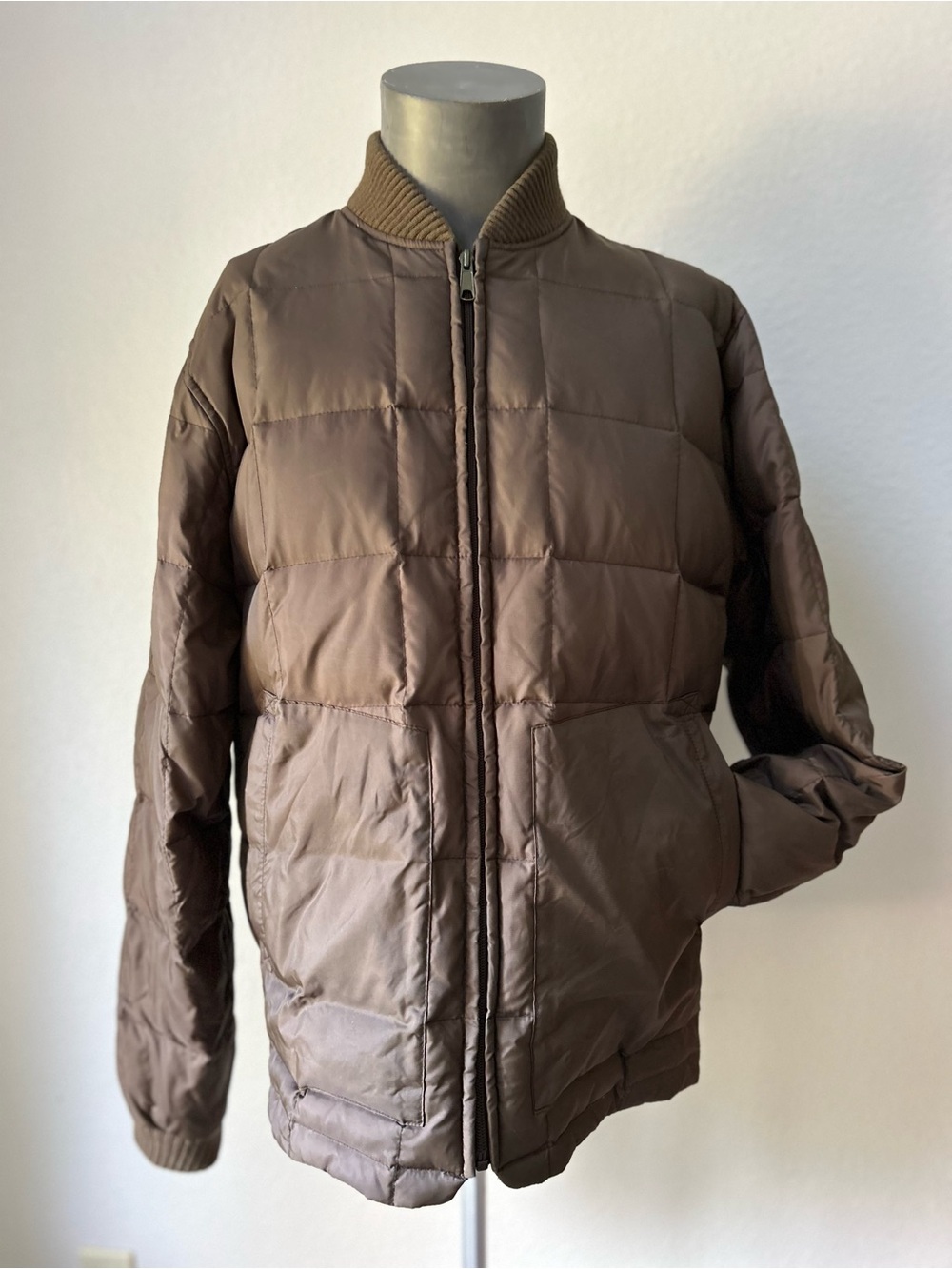 Volcom Y2K Men's Brown Quilted Bomber Puffer Jacket; Ribbed Cuffs/Collar- Size L